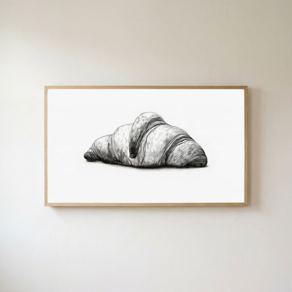 Croissant etching Frame TV art in an oak frame on a warm white wall