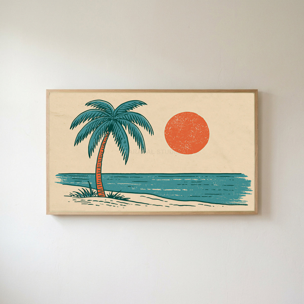 Retro palm tree Frame TV art in an oak frame on a warm white wall
