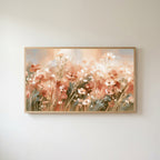 Terracotta wildflower meadow Frame TV art in an oak frame on a warm white wall
