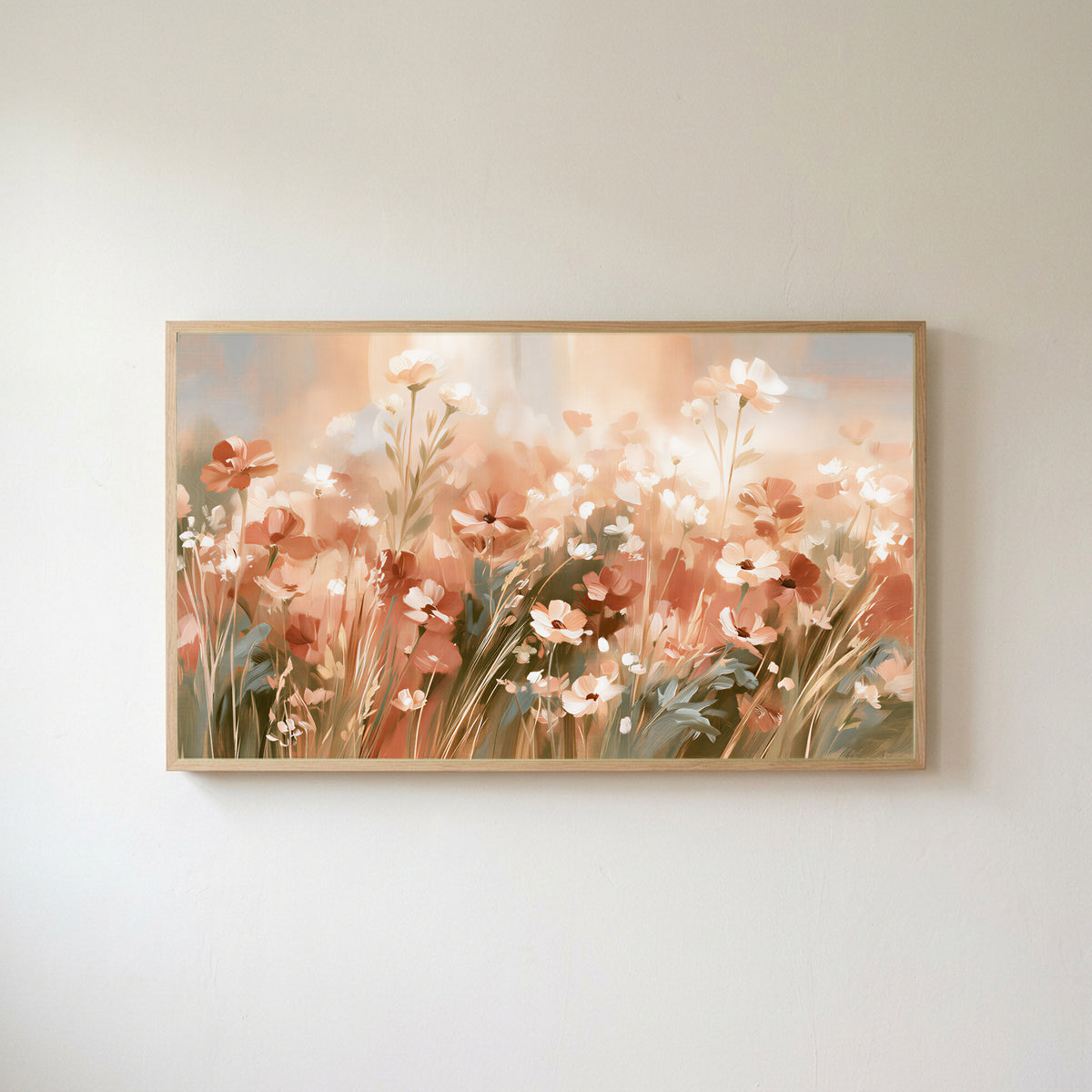 Terracotta wildflower meadow Frame TV art in an oak frame on a warm white wall