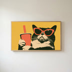 Funny cat in sunglasses Frame TV art in an oak frame on a warm white wall