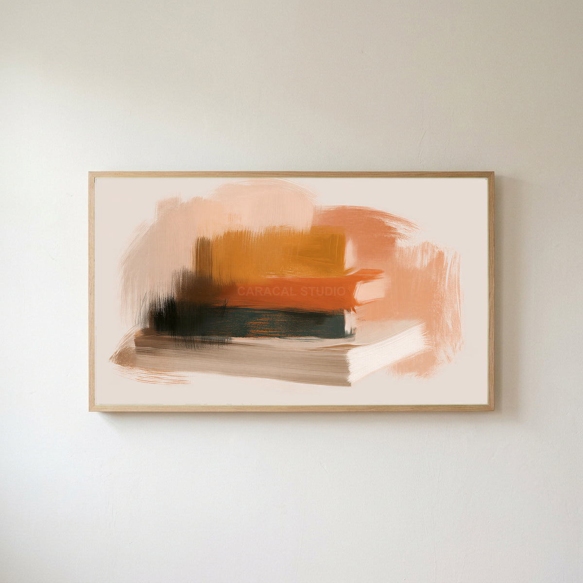 Book stack Frame TV art in an oak frame on a warm white wall