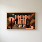 Trick or treat brownstone Frame TV art in an oak frame on a warm white wall