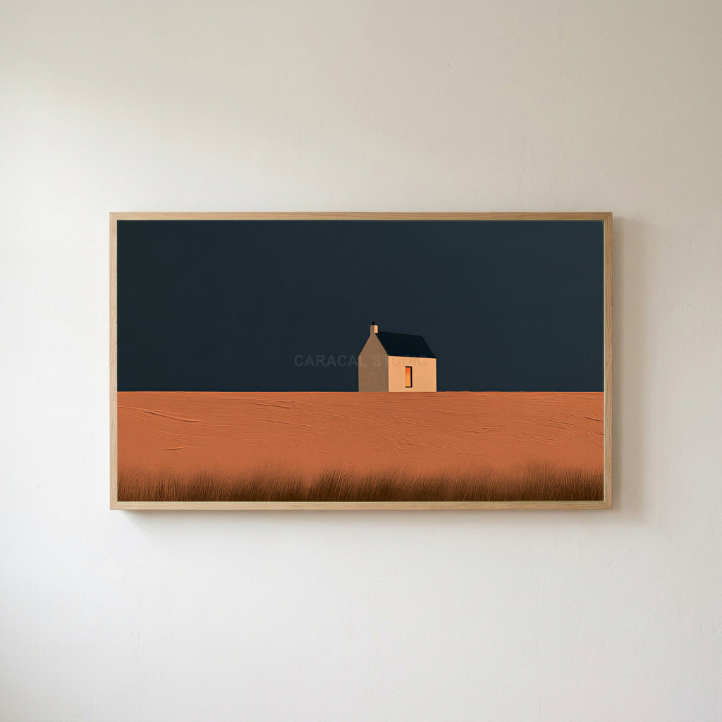 Lone cottage Frame TV art in an oak frame on a warm white wall