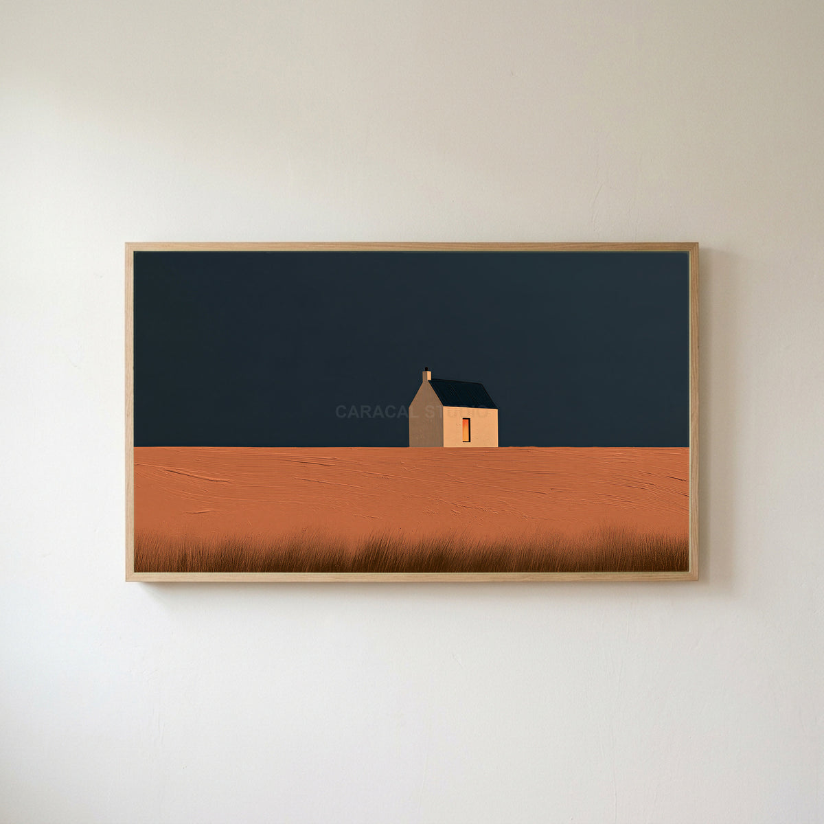 Lone cottage Frame TV art in an oak frame on a warm white wall