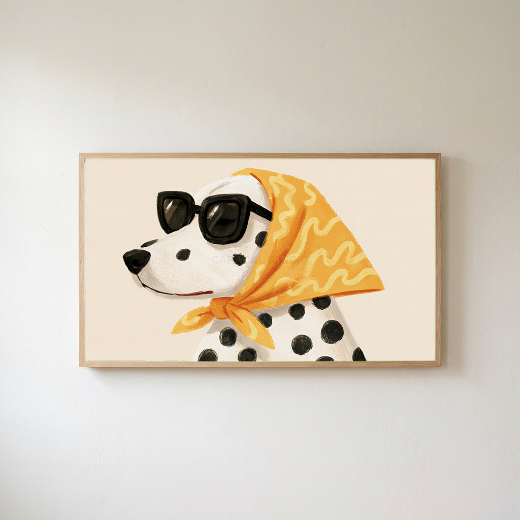 Dalmatian Frame TV art in an oak frame on a warm white wall