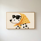 Dalmatian Frame TV art in an oak frame on a warm white wall