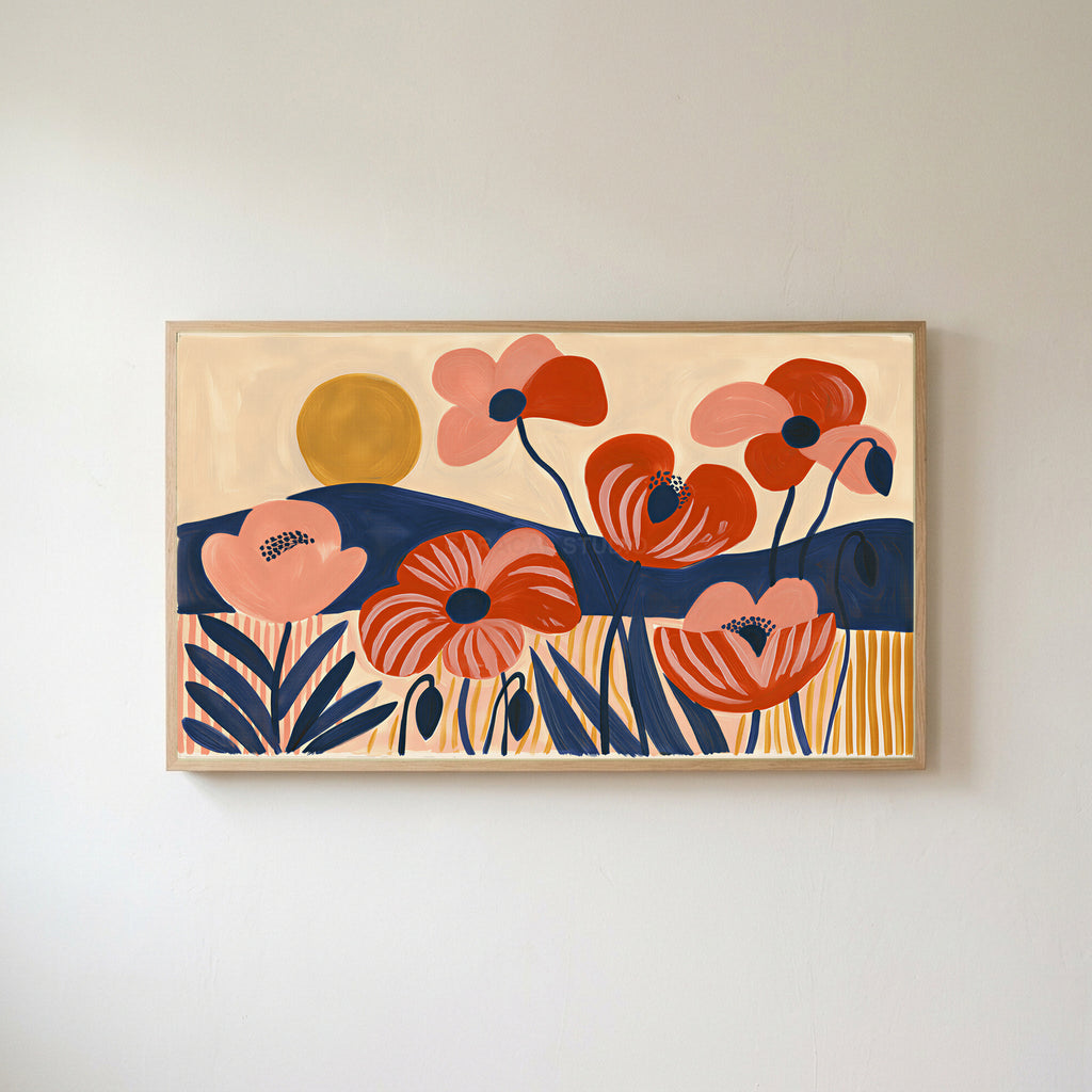 Mid century poppies Frame TV art in an oak frame on a warm white wall