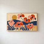 Mid century poppies Frame TV art in an oak frame on a warm white wall