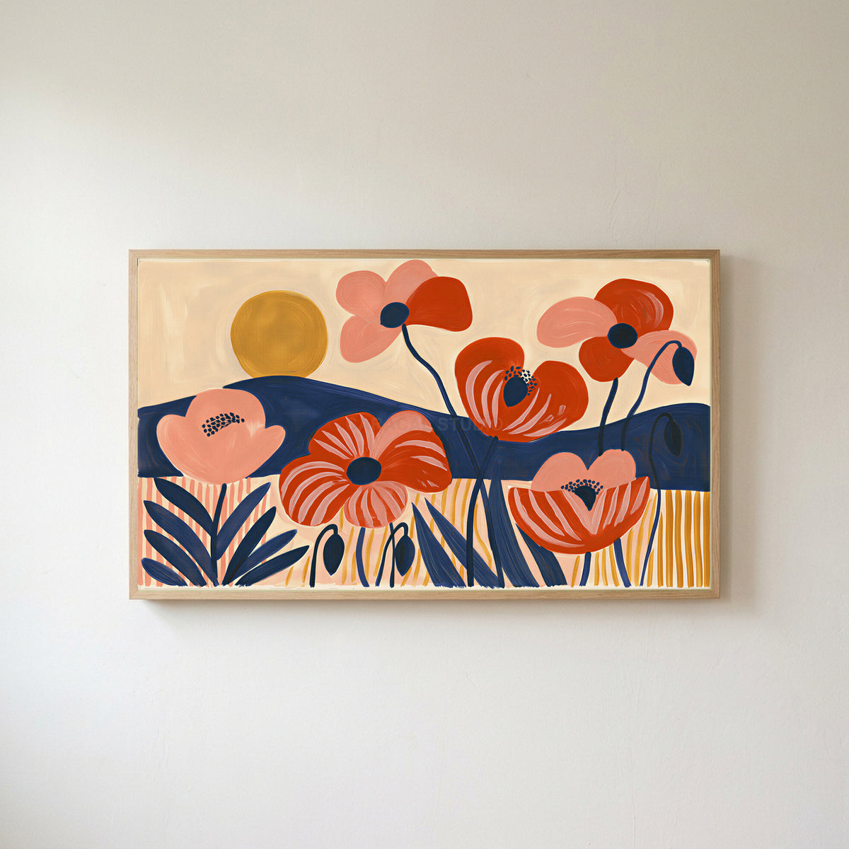 Mid century poppies Frame TV art in an oak frame on a warm white wall