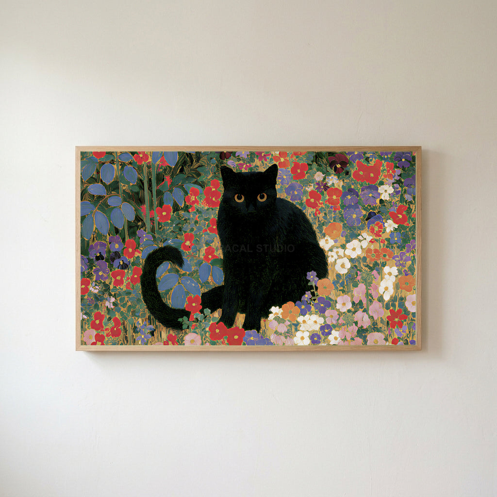 Black cat garden Frame TV art in an oak frame on a warm white wall