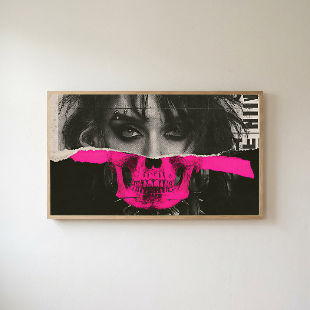 Punk skull portrait Frame TV art in an oak frame on a warm white wall