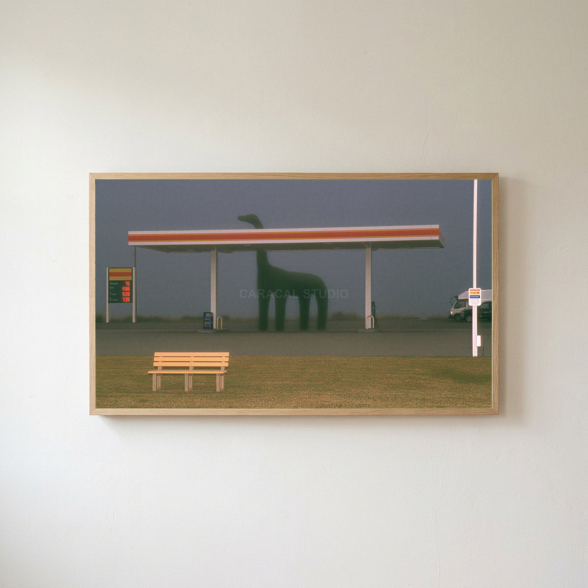 Foggy gas station Frame TV art in an oak frame on a warm white wall