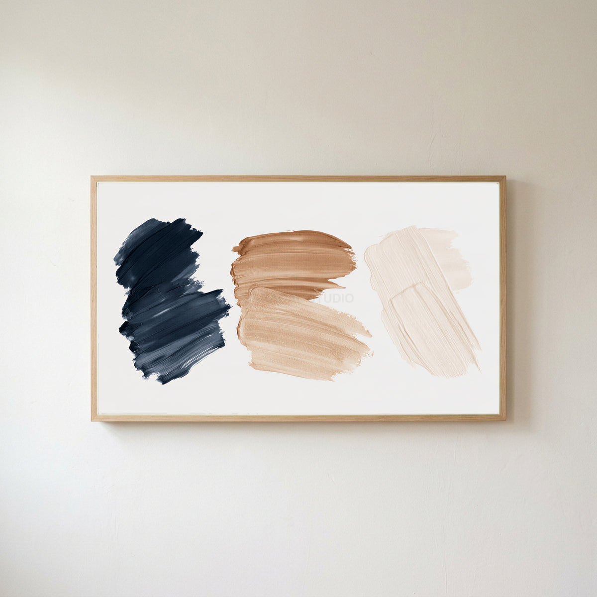 Paint stroke Frame TV art in an oak frame on a warm white wall
