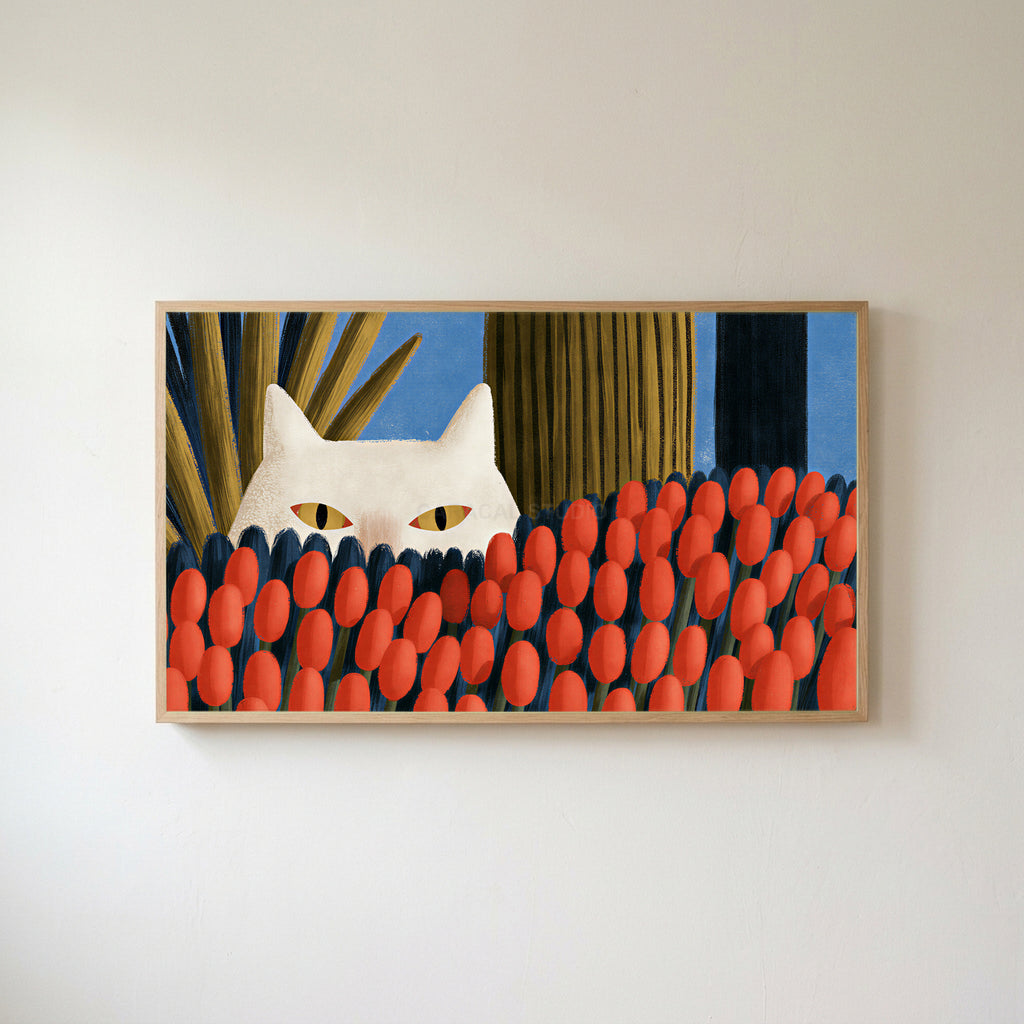 White cat and red tulips Frame TV art in an oak frame on a warm white wall