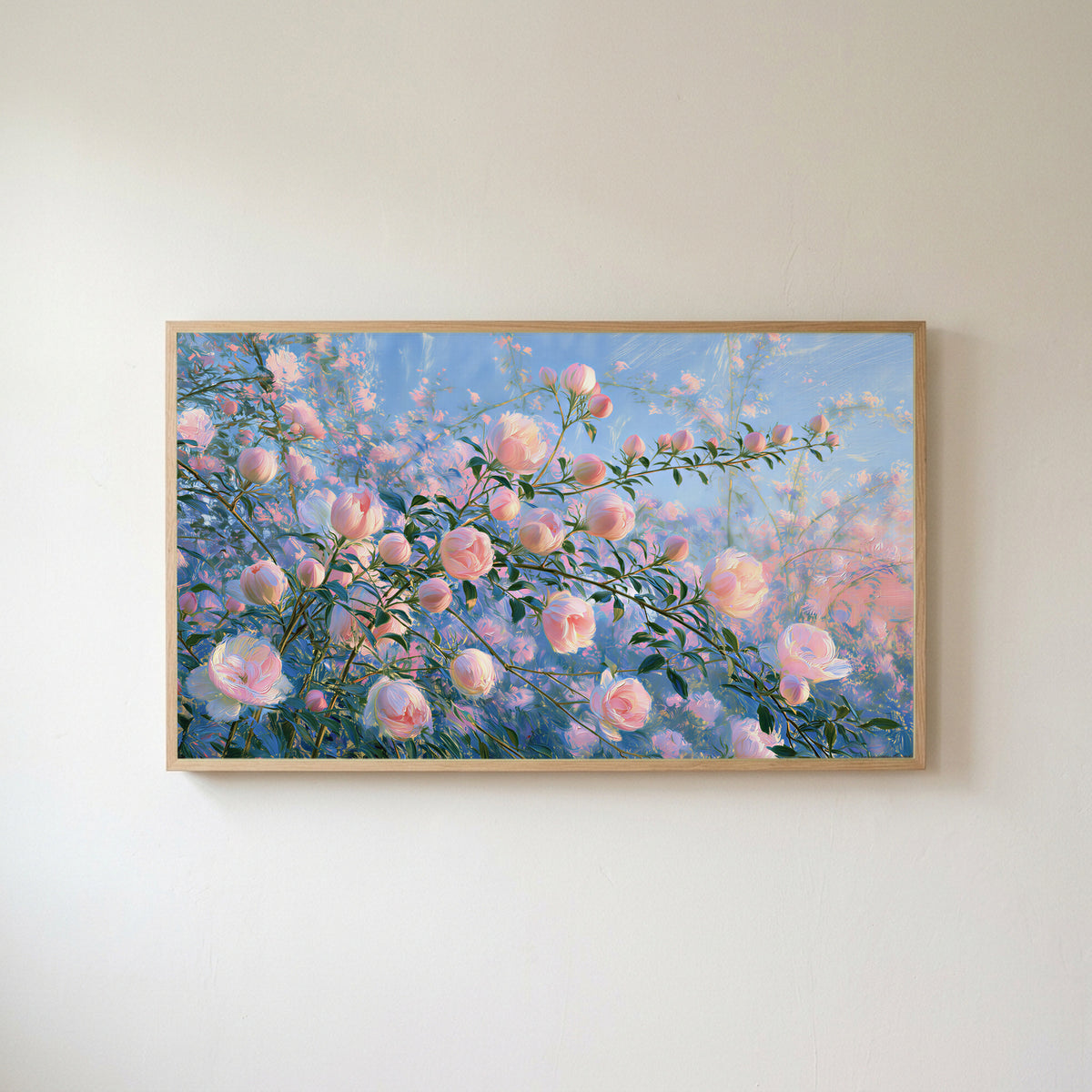 Pink spring flower buds Frame TV art in an oak frame on a warm white wall