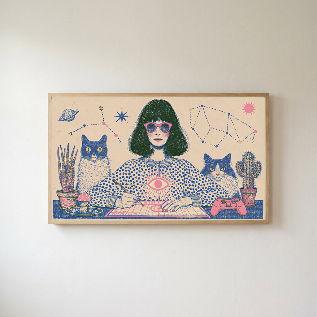 Astrology and cats Frame TV art in an oak frame on a warm white wall