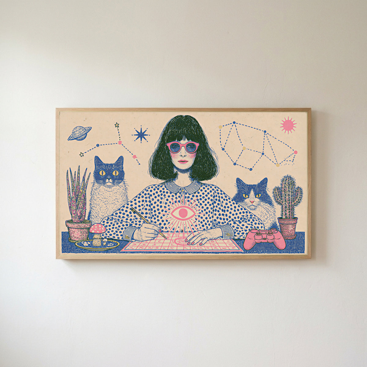 Astrology and cats Frame TV art in an oak frame on a warm white wall