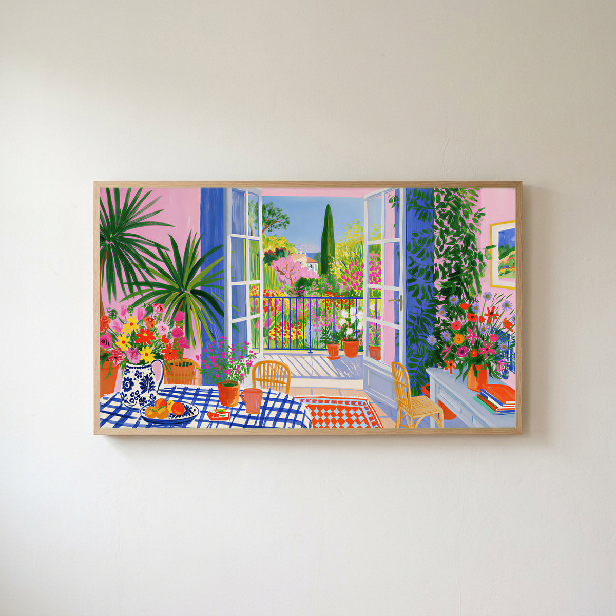 Mediterranean garden view Frame TV art in an oak frame on a warm white wall