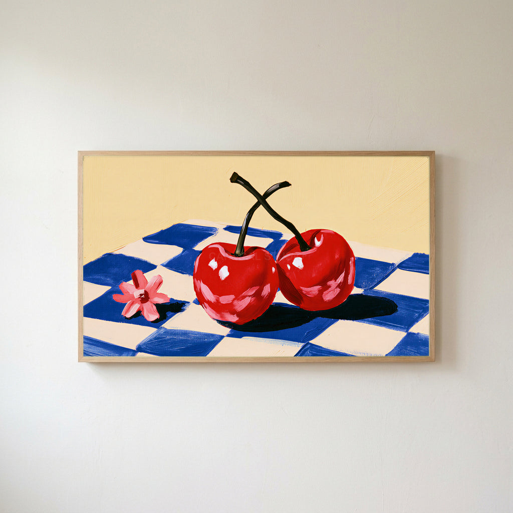 Cherry still life Frame TV art in an oak frame on a warm white wall