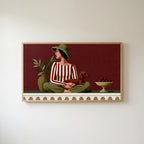 Woman with a dachshund Frame TV art in an oak frame on a warm white wall