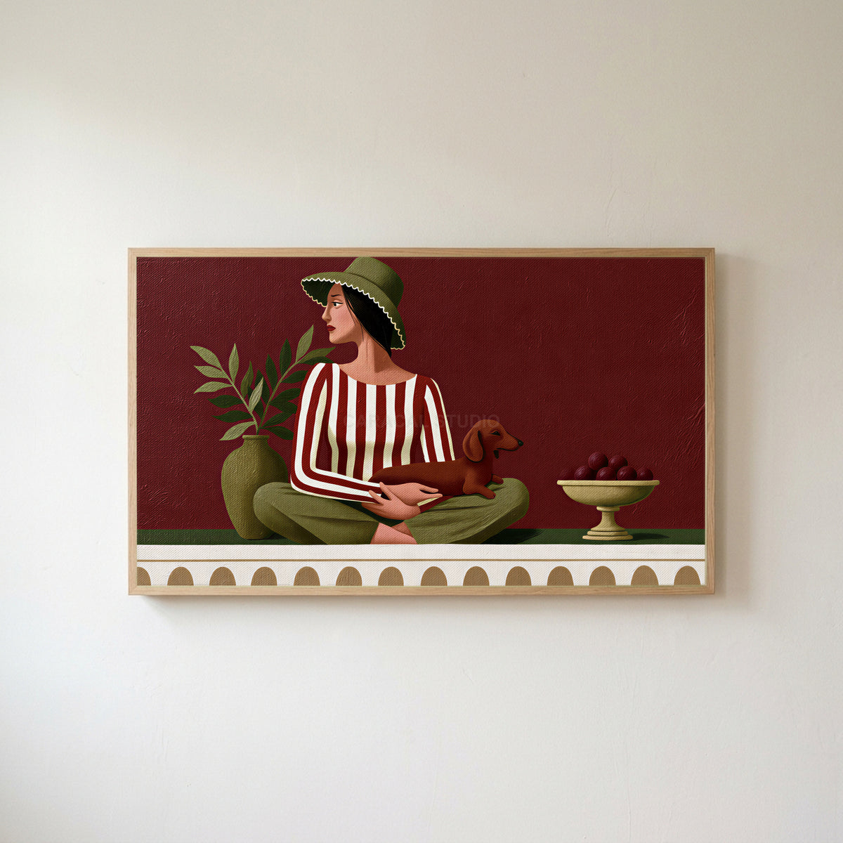 Woman with a dachshund Frame TV art in an oak frame on a warm white wall