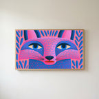 Pink folk art fox Frame TV art in an oak frame on a warm white wall