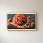 Retro dahlia Frame TV art in an oak frame on a warm white wall