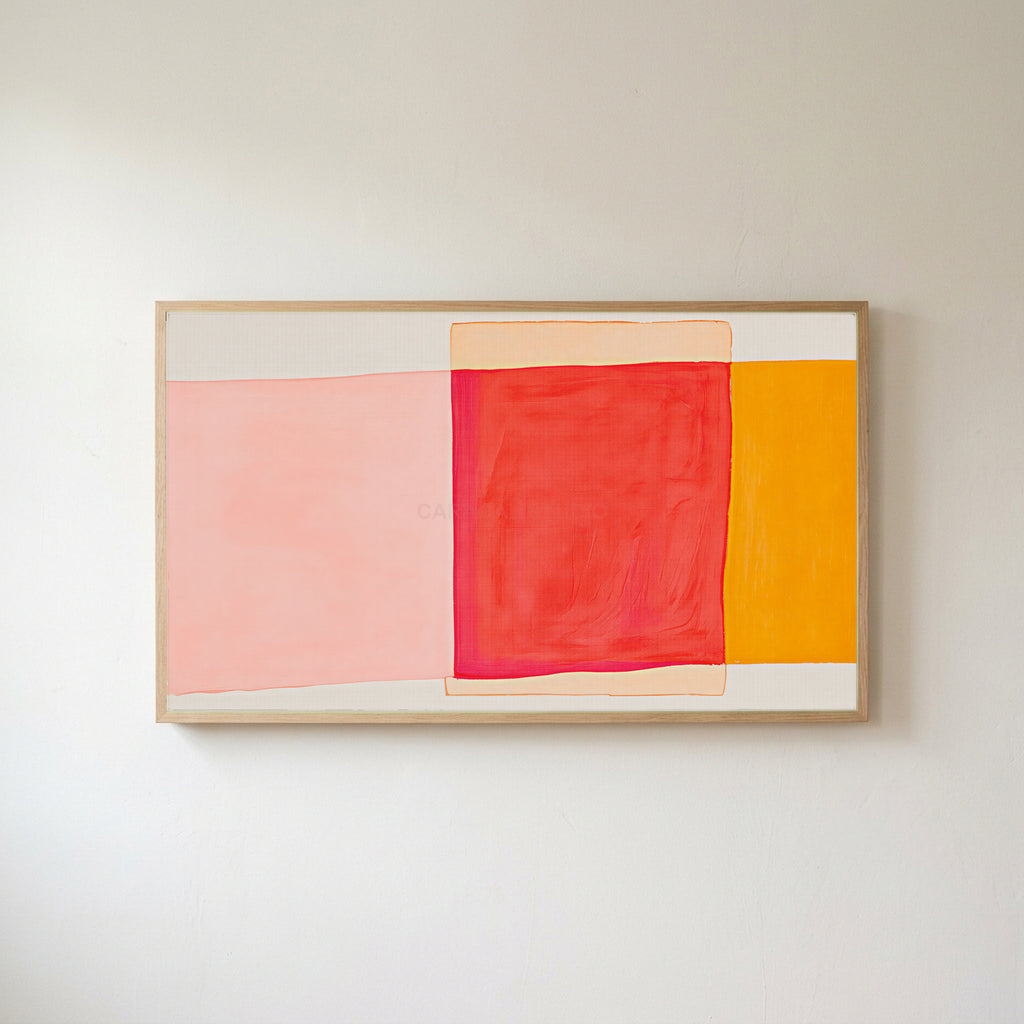 Abstract color blocks Frame TV art in an oak frame on a warm white wall