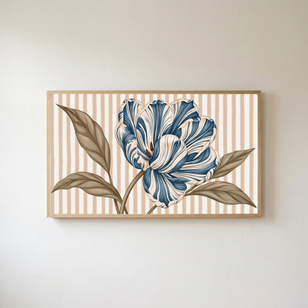 Striped tulip Frame TV art in an oak frame on a warm white wall