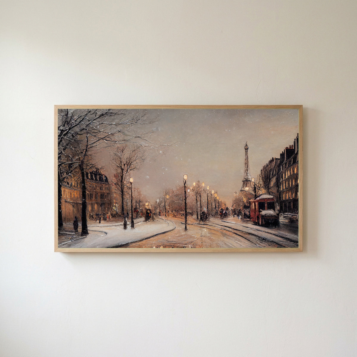 Paris street in snow Frame TV art in an oak frame on a warm white wall