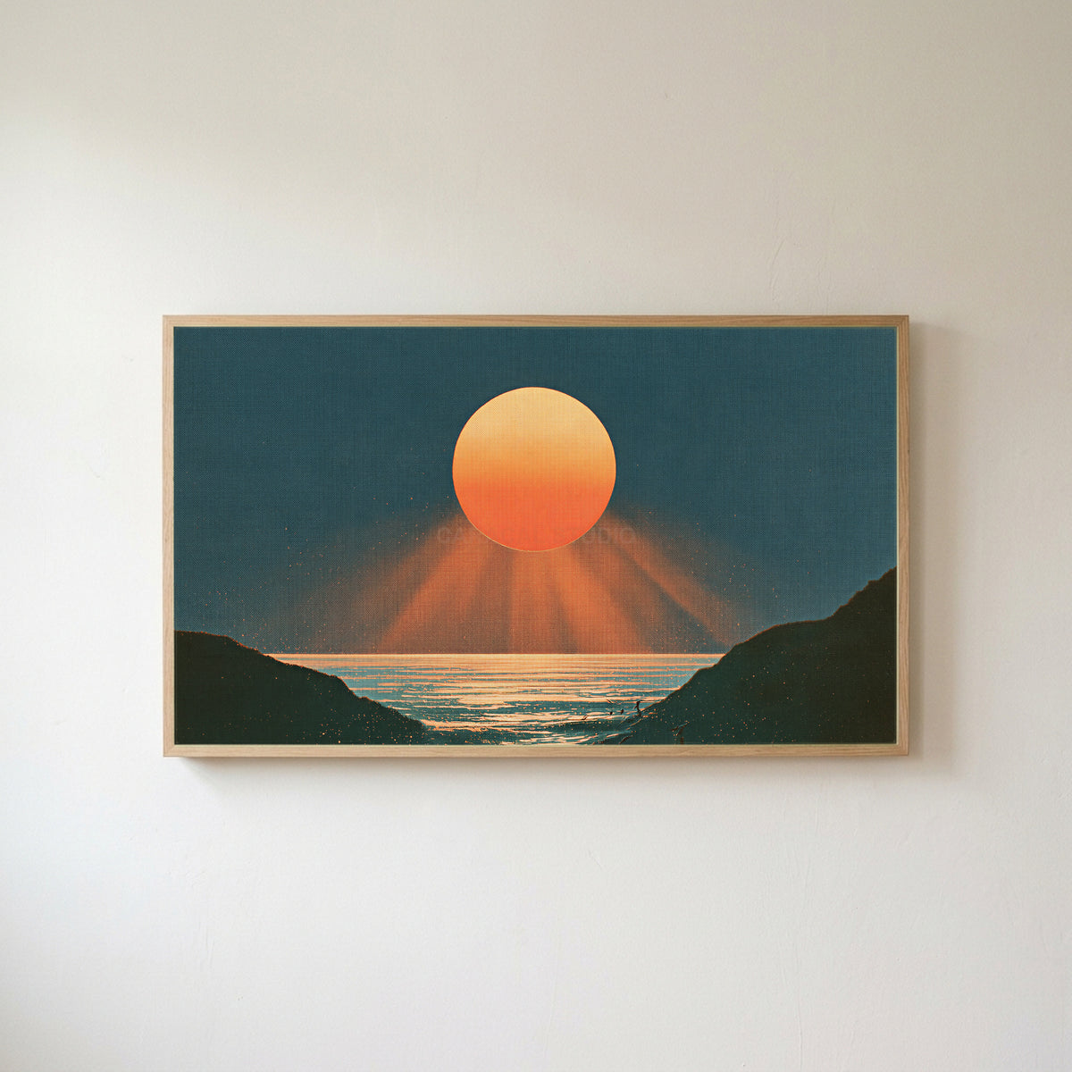 Ocean sunset Frame TV art in an oak frame on a warm white wall