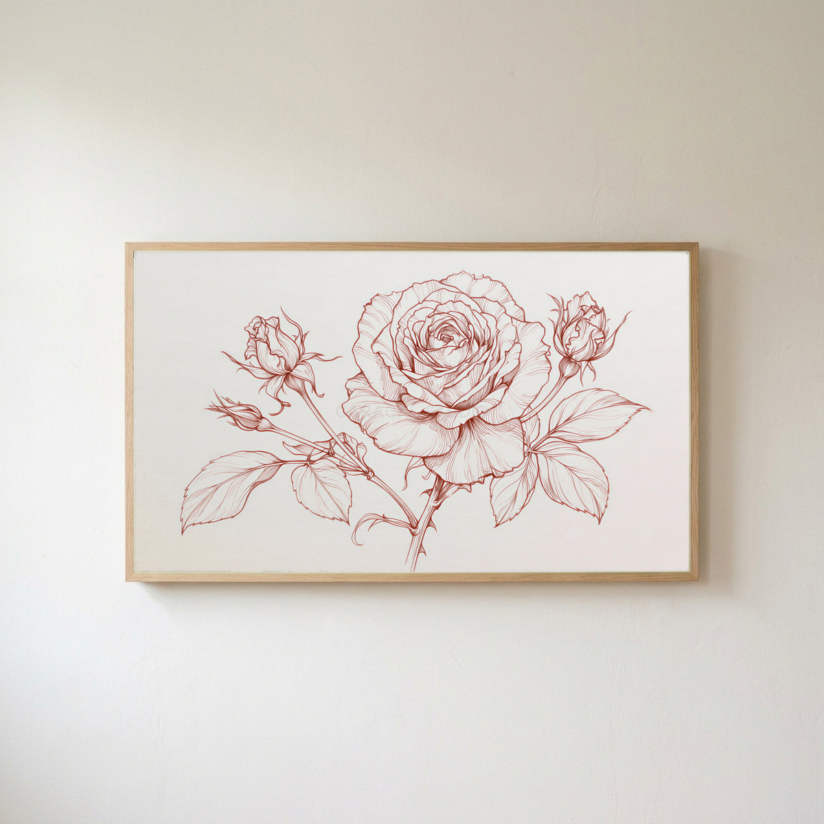 Rose line drawing Frame TV art in an oak frame on a warm white wall