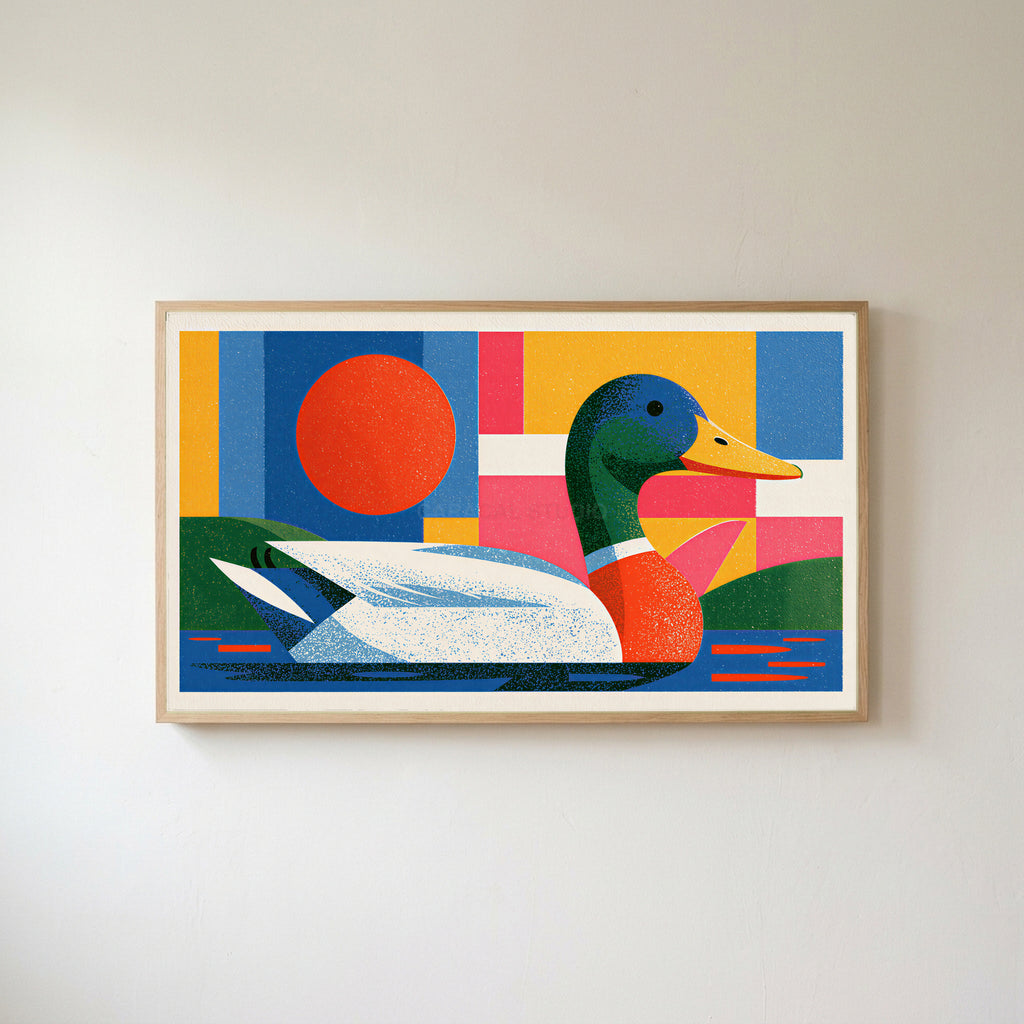 Colorful geometric mallard Frame TV art in an oak frame on a warm white wall