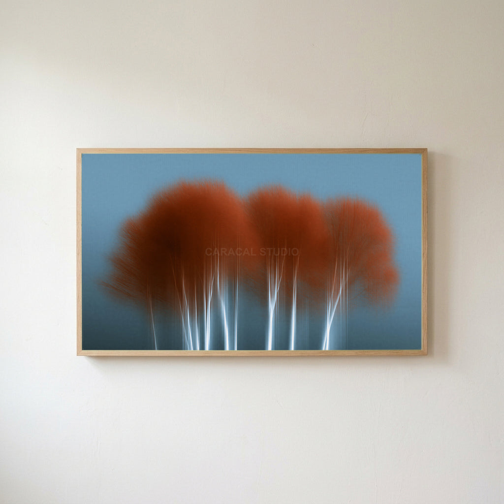 Abstract birch tree Frame TV art in an oak frame on a warm white wall