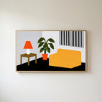 Mid century room Frame TV art in an oak frame on a warm white wall
