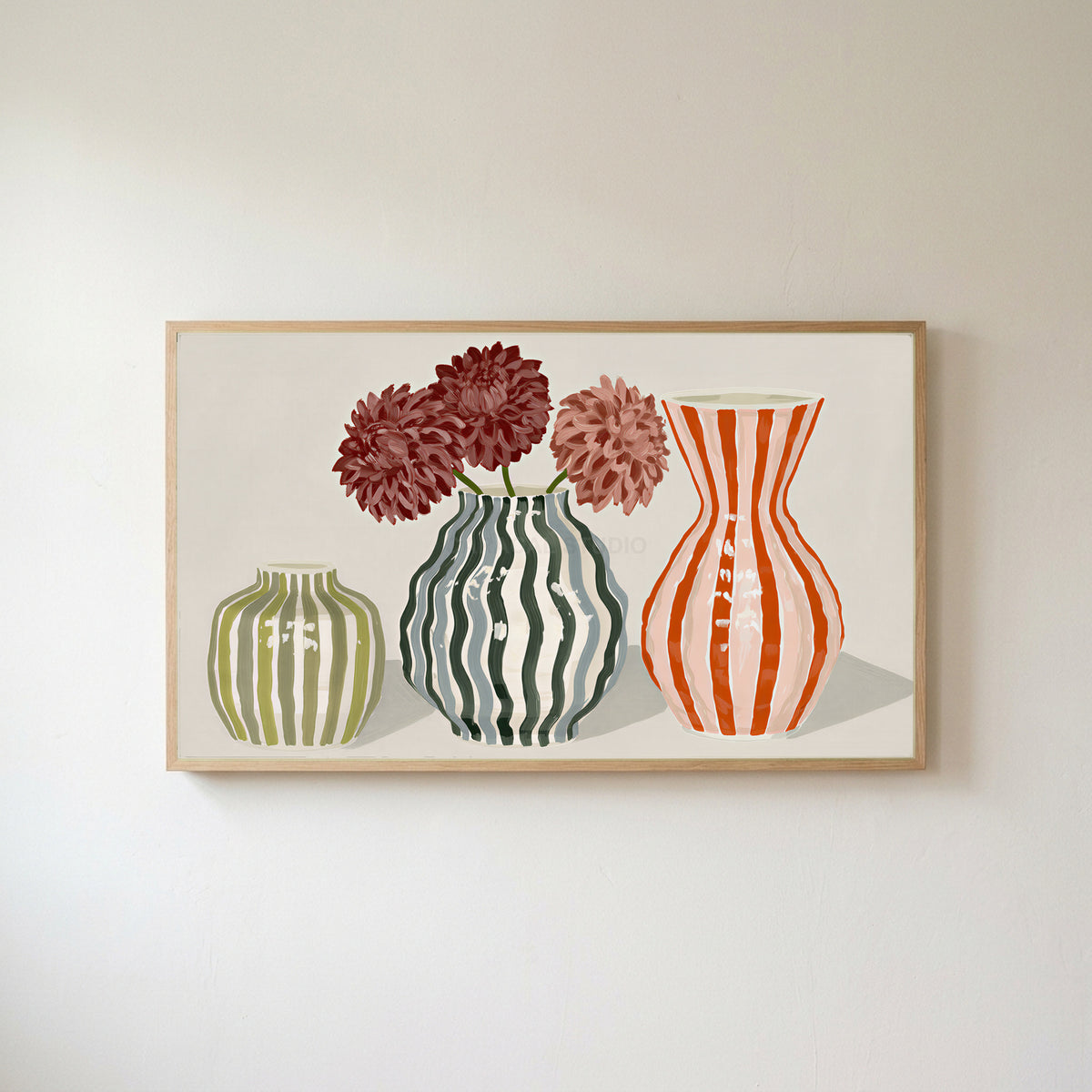 Striped vases Frame TV art in an oak frame on a warm white wall