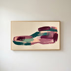 Abstract plum and teal brushstrokes Frame TV art in an oak frame on a warm white wall