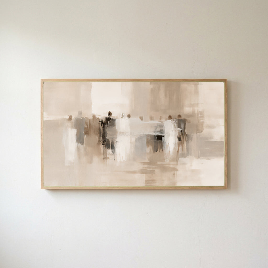 Neutral abstract figures Frame TV art in an oak frame on a warm white wall