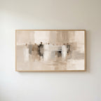 Neutral abstract figures Frame TV art in an oak frame on a warm white wall
