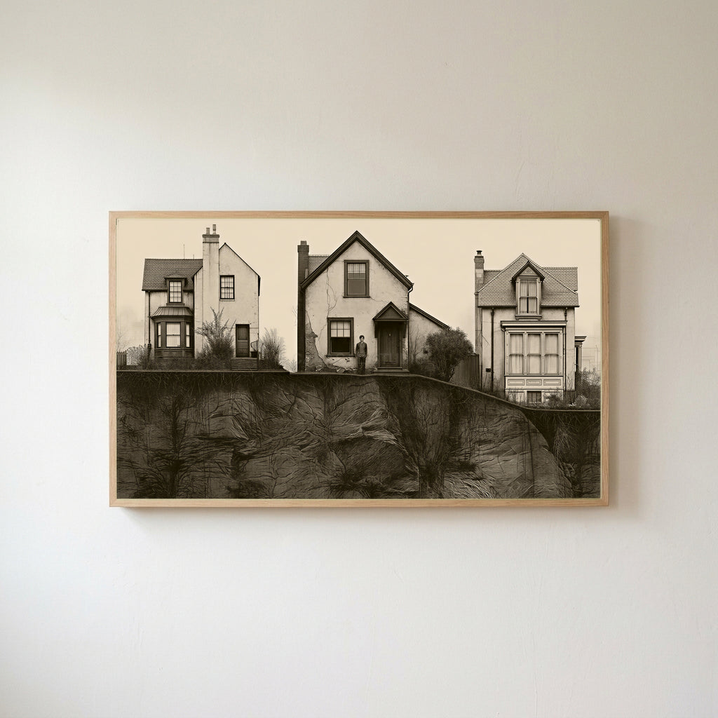 Three houses Frame TV art in an oak frame on a warm white wall