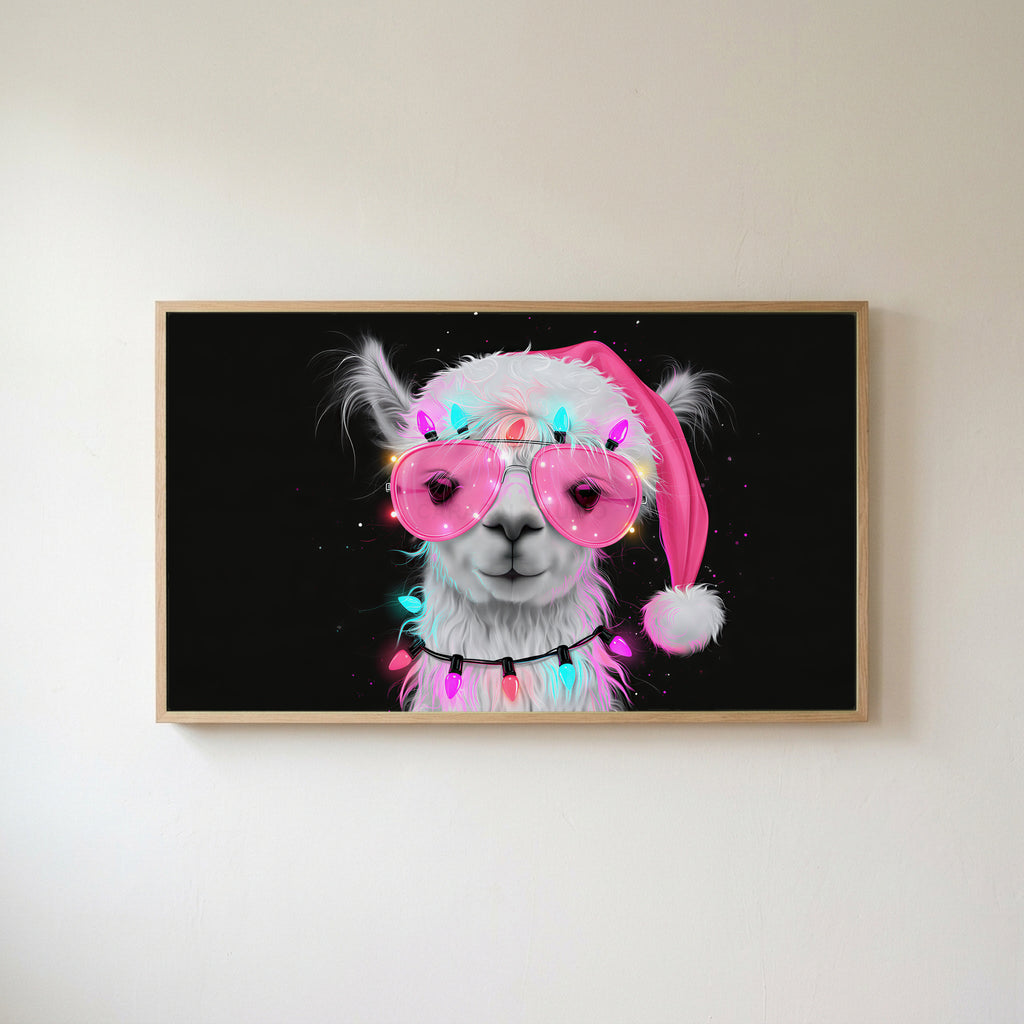 Llama in a Santa hat Frame TV art in an oak frame on a warm white wall