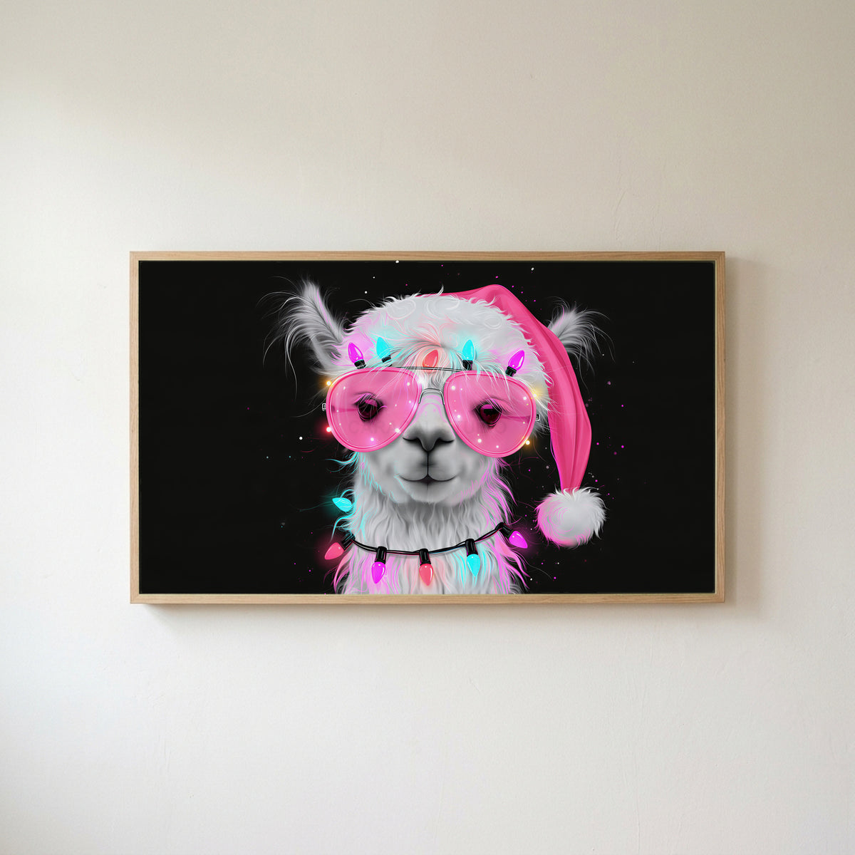 Llama in a Santa hat Frame TV art in an oak frame on a warm white wall