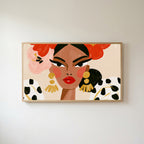 Fashion portrait Frame TV art in an oak frame on a warm white wall