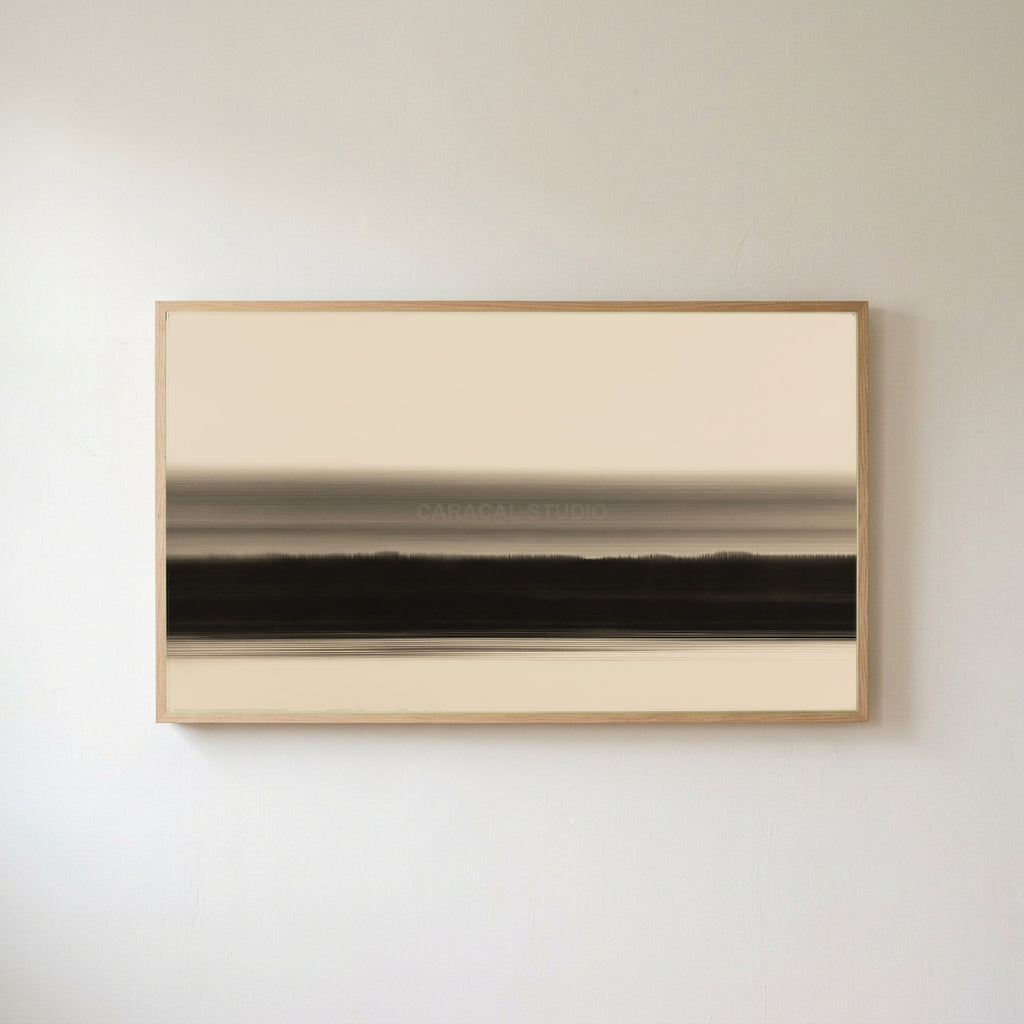 Ink wash horizon Frame TV art in an oak frame on a warm white wall