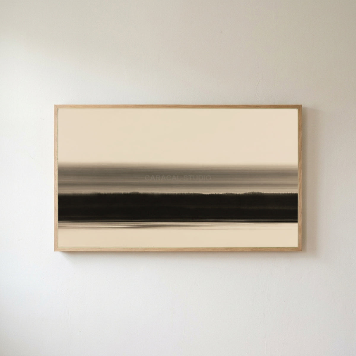 Ink wash horizon Frame TV art in an oak frame on a warm white wall