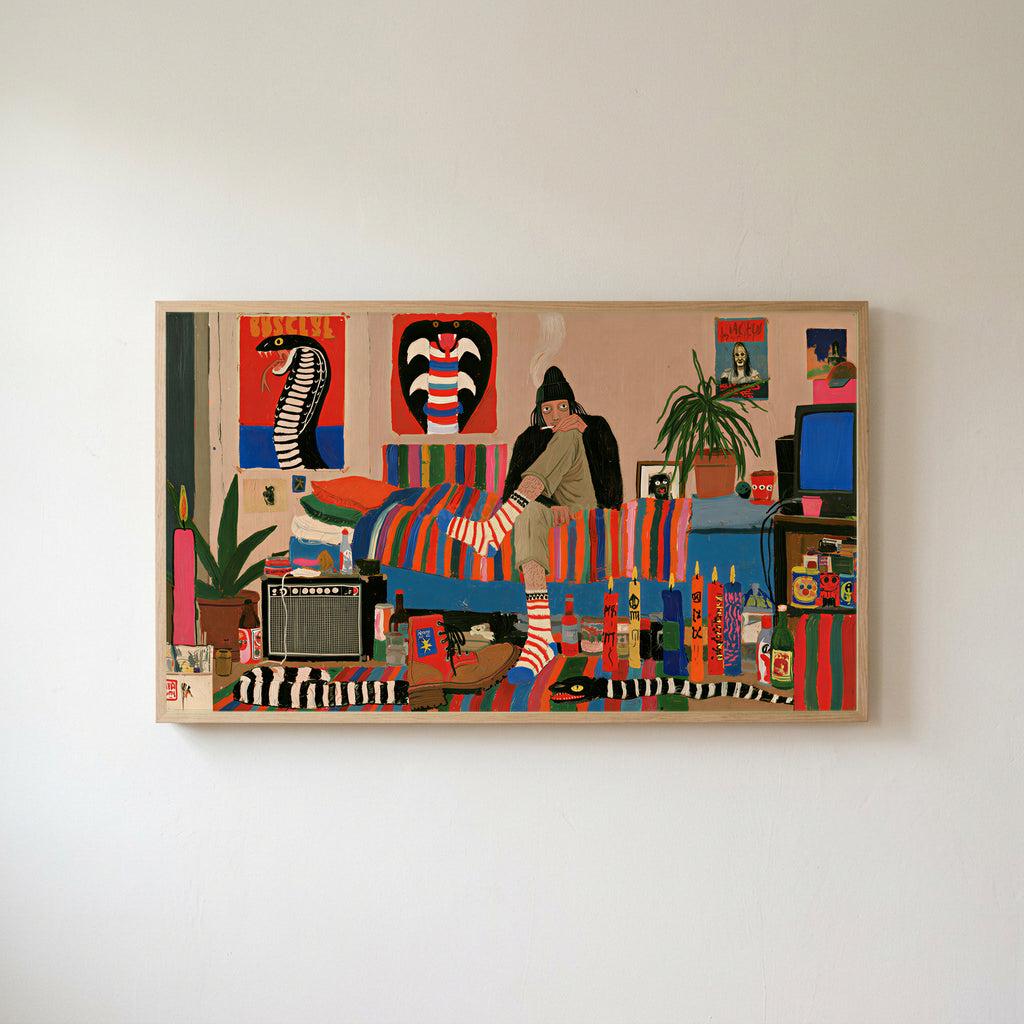 Eclectic retro room Frame TV art in an oak frame on a warm white wall