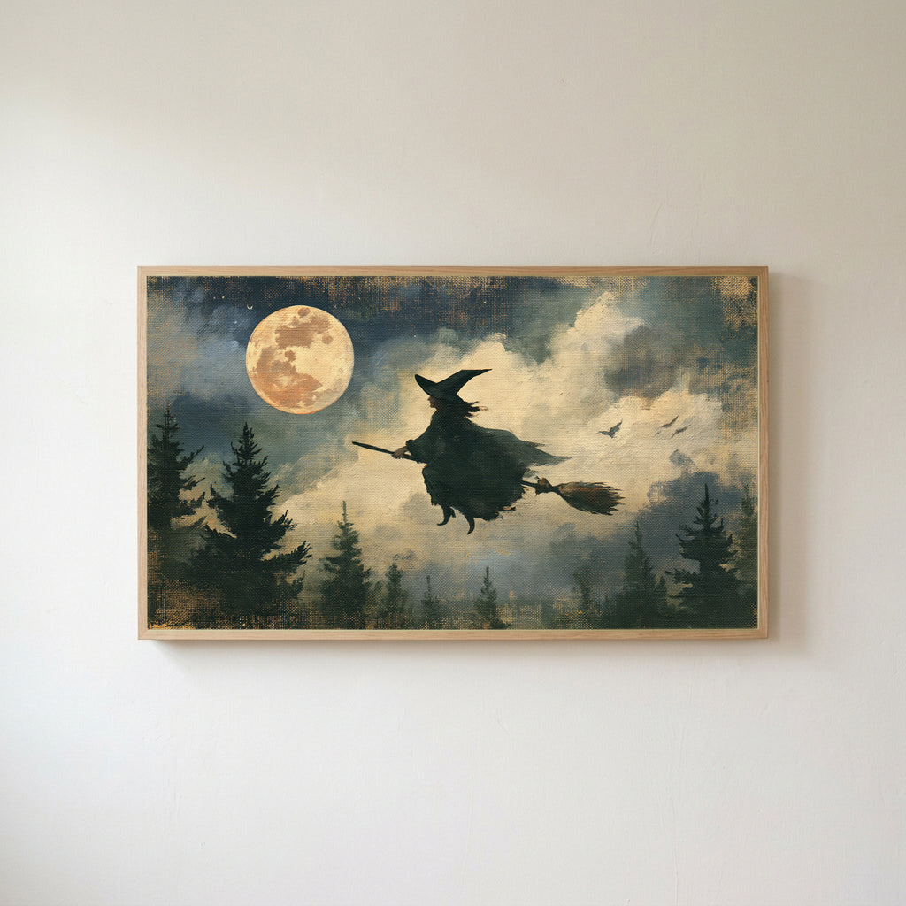 Flying witch Frame TV art in an oak frame on a warm white wall