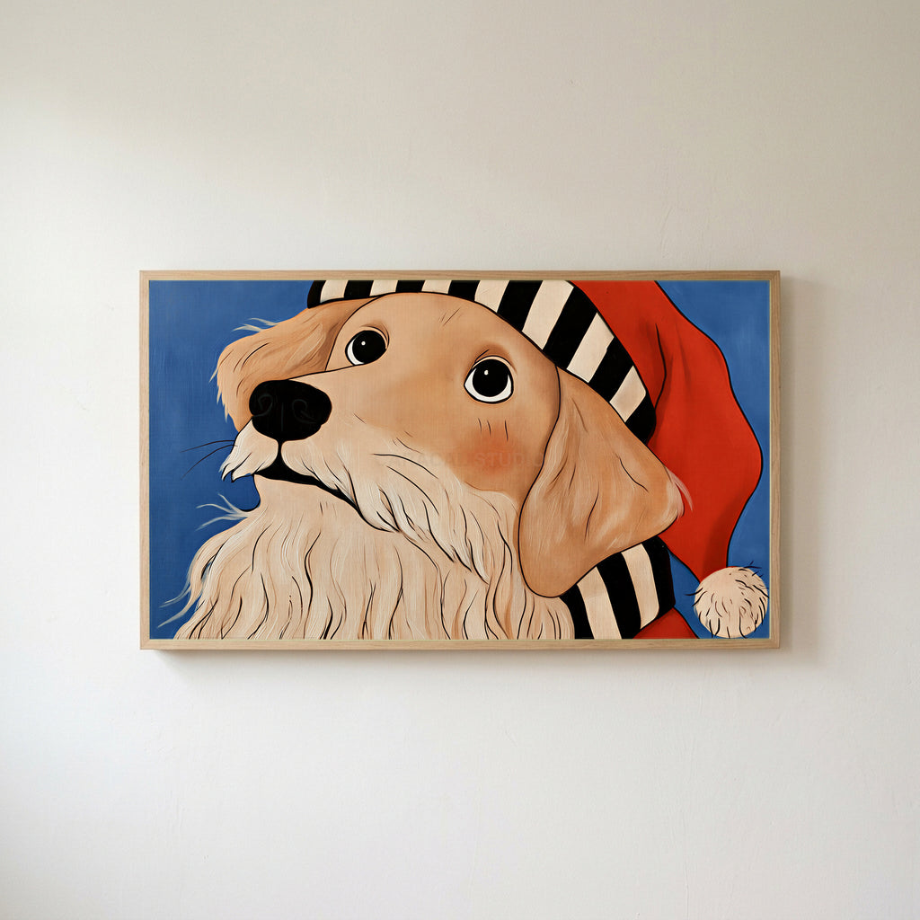 Golden retriever in a Santa hat Frame TV art in an oak frame on a warm white wall