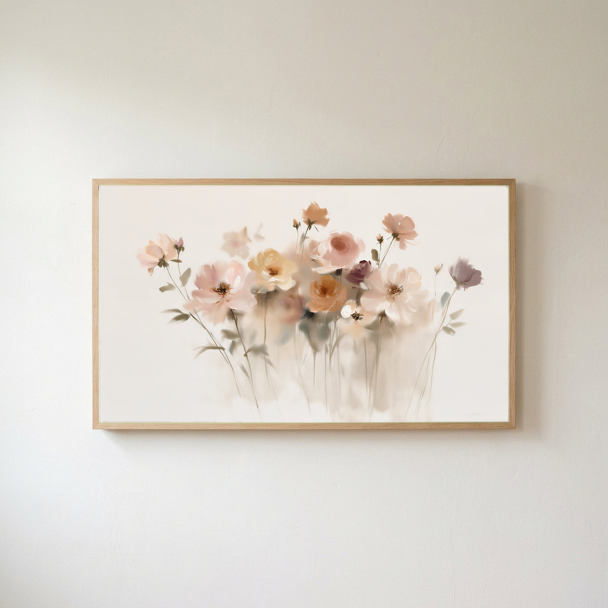 Soft wildflowers Frame TV art in an oak frame on a warm white wall